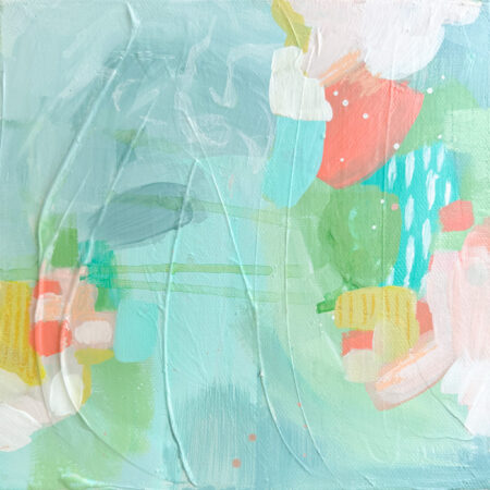 Small abstract painting with shades of pink, blue, yellow and green for a shelf or hang on a wall.